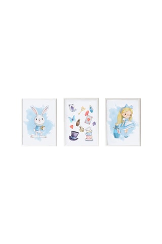 3 quadri Alice nel Paese delle Meraviglie - 33 x 43 x 2 cm - Bianco e blu