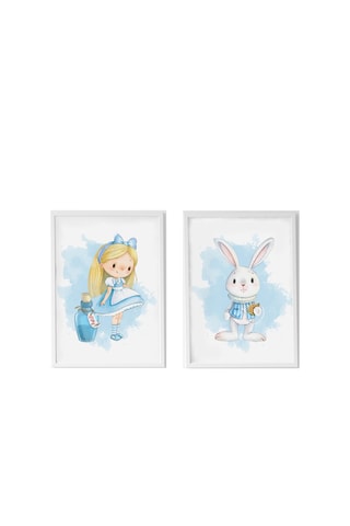 2 quadri Alice nel Paese delle Meraviglie - 33 x 43 x 2 cm - Bianco e blu