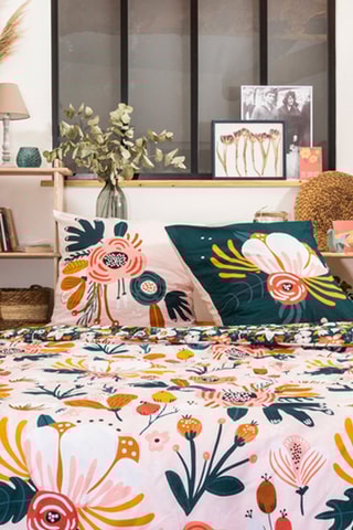 Parure de couette en coton 57 fils/cm² Champêtre - Rose et bleu canard