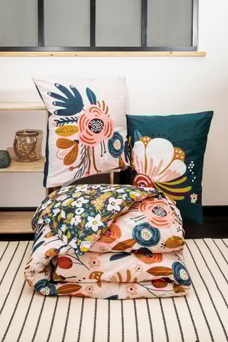 Parure de couette en coton 57 fils/cm² Champêtre - Rose et bleu canard