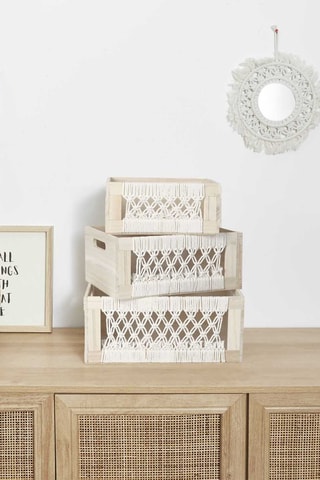 3 Paulowniahouten Opbergmanden Gigogne Boho - Beige en Wit