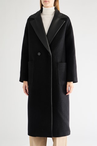 Sobretudo em lã virgem e couro de cordeiro - Preto