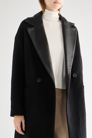 Sobretudo em lã virgem e couro de cordeiro - Preto