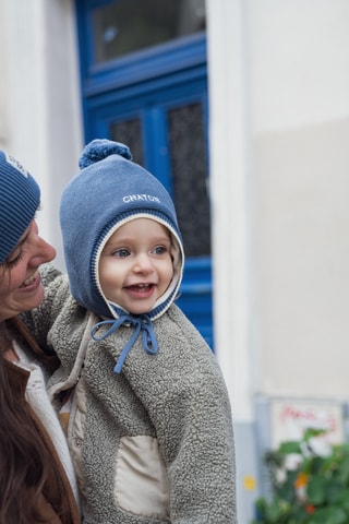 Bonnet aviateur en coton biologique Chaton - Bleu - Enfant