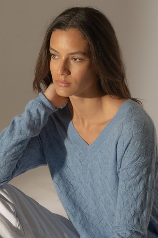Maglia Madison 100% cashmere, 2 fili - Collo a V - Celeste