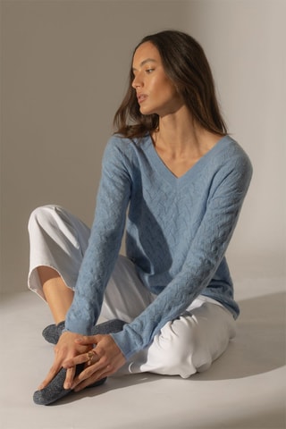 Maglia Madison 100% cashmere, 2 fili - Collo a V - Celeste