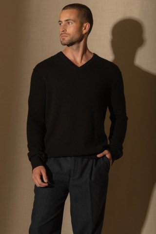 Maglia Lorenzo 100% cashmere, 2 fili - Collo a V - Nero