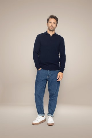 Maglia Spencer 100% cashmere, 2 fili - Collo con linguetta abbottonata. - Navy