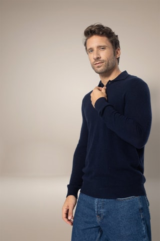 Maglia Spencer 100% cashmere, 2 fili - Collo con linguetta abbottonata. - Navy