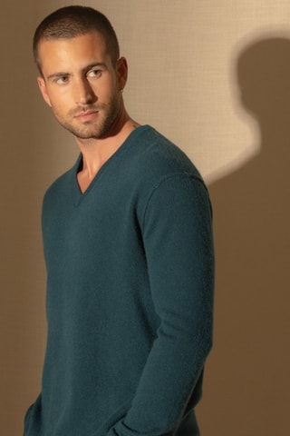 Maglia Lorenzo 100% cashmere, 2 fili - Collo a V - Petrolio