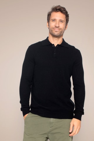 Polo Spencer 100% cashmere, 2 fili - Collo con linguetta abbottonata - Nero