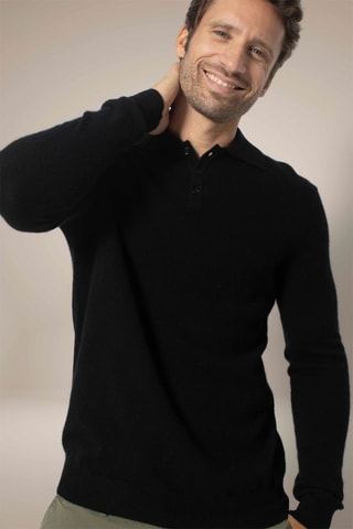 Polo Spencer 100% cashmere, 2 fili - Collo con linguetta abbottonata - Nero
