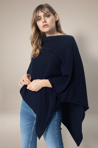 Poncho Tamara 100% cashmere, 2 fili - Collo a cascata - Navy