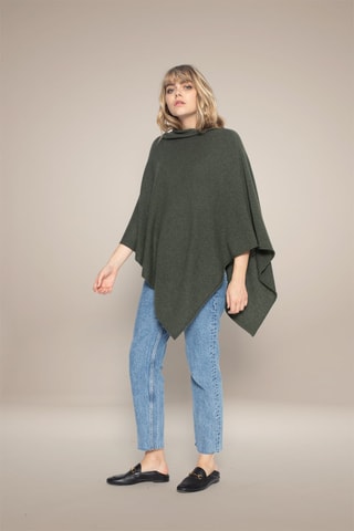 Poncho Tamara 100% cashmere, 2 fili - Collo a cascata - Kaki