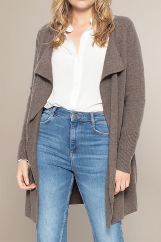 Cardigan lungo Abigail 100% cashmere, 2 fili - Collo a revers. - Taupe melange