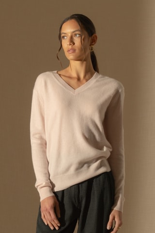 Maglia 100% cashmere - 2 fili - Collo a V - Rosa chiaro