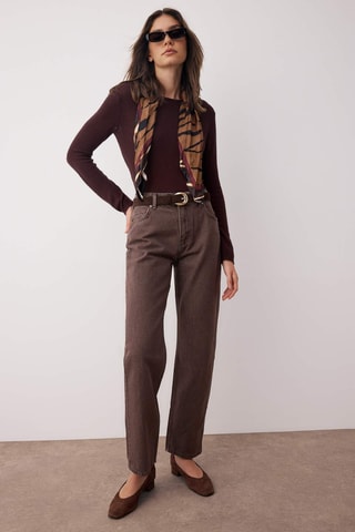 Calças de ganga de cintura alta - Castanho