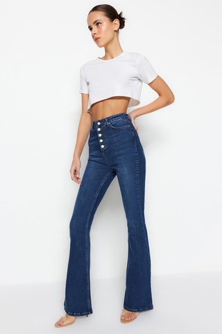 Calças de ganga flare de cintura alta - Azul-escuro