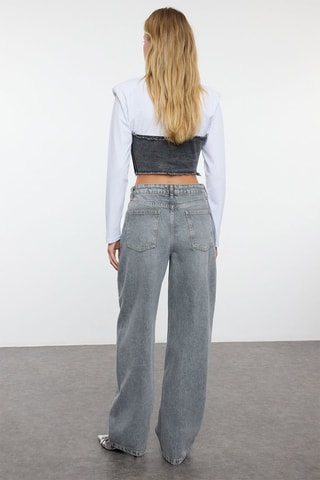 Calças de ganga de cintura alta regular - Cinzento