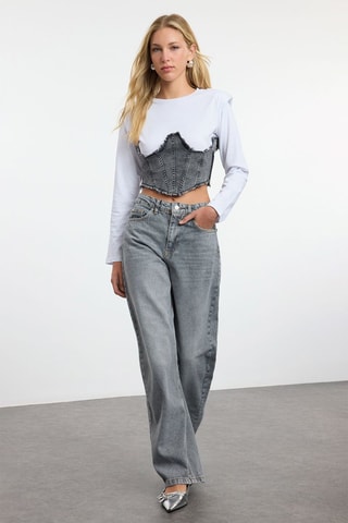 Calças de ganga de cintura alta regular - Cinzento