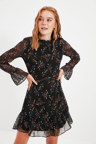 Vestido com folhos - Preto e castanho