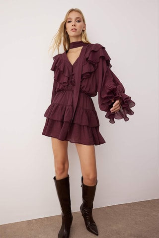 Vestido com folhos - Bordô