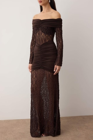 Vestido comprido bi-matéria - Castanho