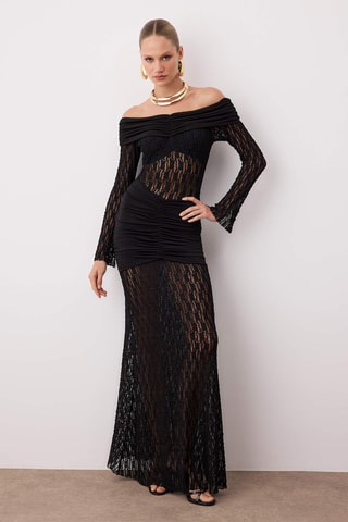 Vestido comprido bi-matéria - Preto