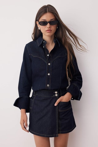 Calções de ganga de cintura subida - Azul-escuro