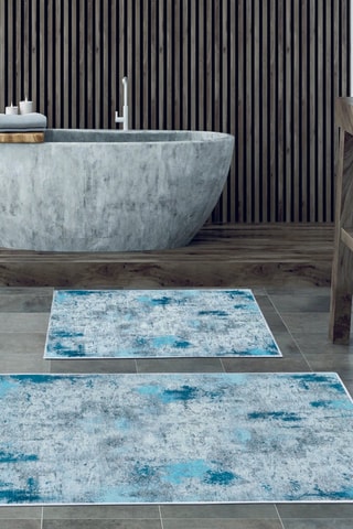 2 tapis de bain Kt495 - Bleu et blanc - 50 x 60 et 60 x 100 cm