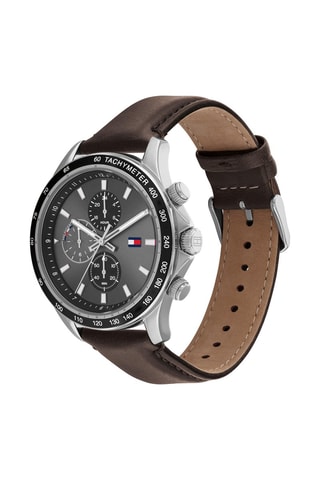 Montre à quartz en cuir Miles - Tachymètre et chronographe - Marron et argenté