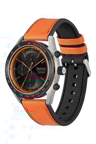 Montre à quartz en cuir - Chronographe et tachymètre - Orange et argenté