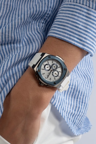 Montre à quartz en silicone - Tachymètre - Blanc et bleu