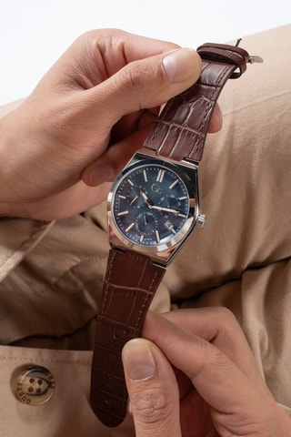 Montre à quartz en cuir véritable - Chronographe - Marron et argenté