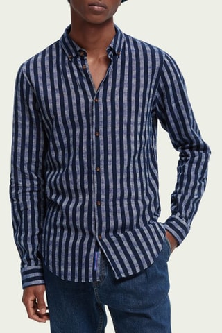 Linnen Overhemd Slim Fit - Marineblauw en Lichtgrijs