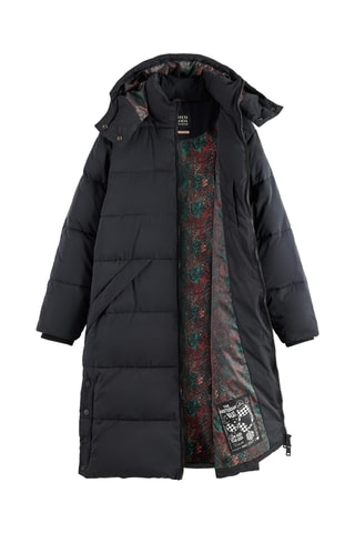 Lange gewatteerde jas met capuchon - Zwart