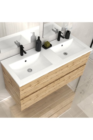 Conjunto de mueble de cuarto de baño de 4 cajones y 2 lavabos - Natural y blanco