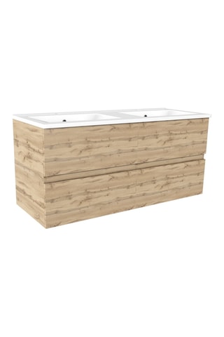 Conjunto de mueble de cuarto de baño de 4 cajones y 2 lavabos - Natural y blanco