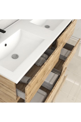 Conjunto de mueble de cuarto de baño de 4 cajones y 2 lavabos - Natural y blanco