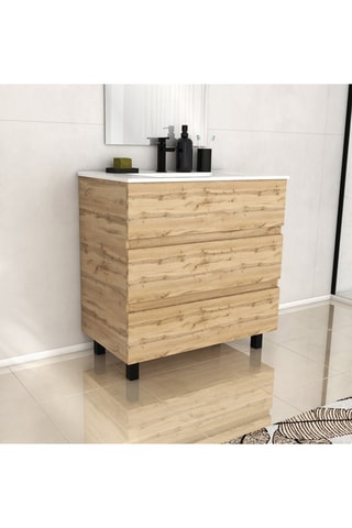 Conjunto de mueble de cuarto de baño de 3 cajones y lavabo - Natural y blanco