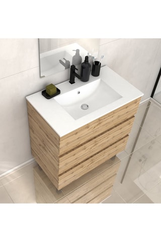 Conjunto de mueble de cuarto de baño de 3 cajones y lavabo - Natural y blanco