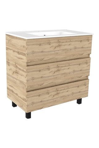 Conjunto de mueble de cuarto de baño de 3 cajones y lavabo - Natural y blanco