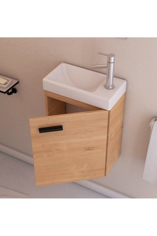 Conjunto de mueble para lavabo suspendido Smally y espejo - Natural y blanco