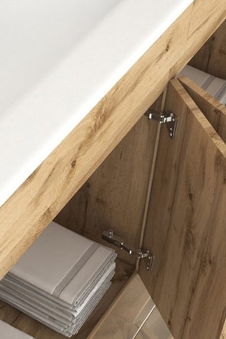 Conjunto de mueble de cuarto de baño de 4 puertas y lavabo - Imitación roble industrial y blanco