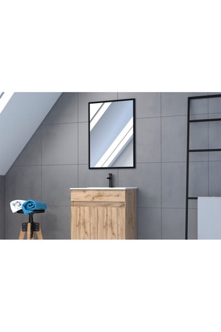 Conjunto de mueble de cuarto de baño de 2 puertas, lavabo de cerámica y espejo -  Imitación roble y blanco