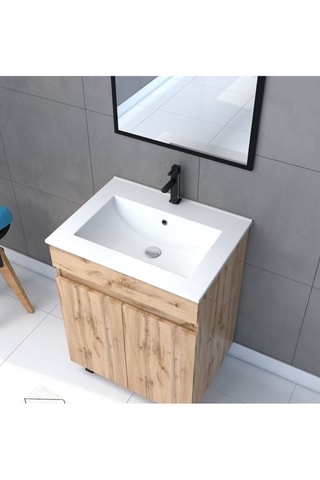 Conjunto de mueble de cuarto de baño de 2 puertas, lavabo de cerámica y espejo -  Imitación roble y blanco