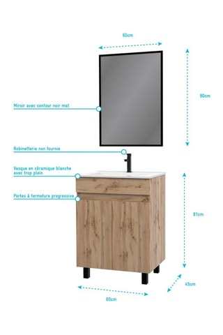 Conjunto de mueble de cuarto de baño de 2 puertas, lavabo de cerámica y espejo -  Imitación roble y blanco