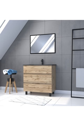 Mueble de cuarto de baño con 3 cajones, lavabo y espejo - Natural y negro