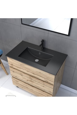 Mueble de cuarto de baño con 3 cajones, lavabo y espejo - Natural y negro