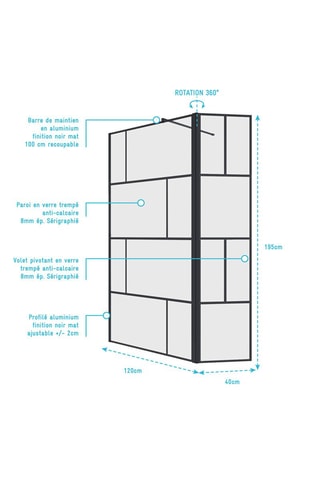 Mampara de ducha Bricks - Negro - 195 x 120 cm